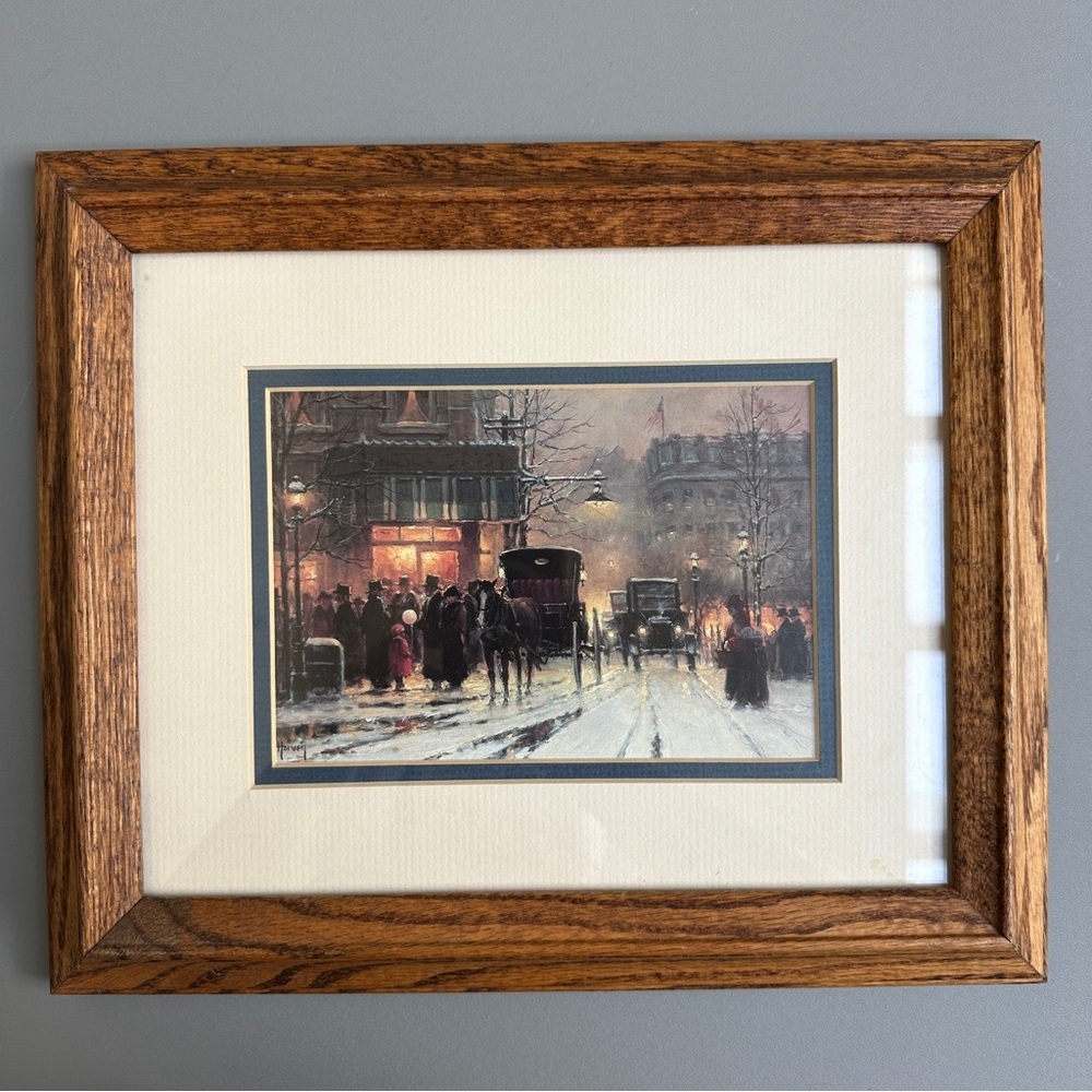 Elegant Winter Street Scene Art Print in Wooden Frame